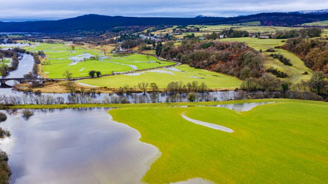 Article thumbnail: The view from a drone of agricultural fields flooded by heavy rain the location is Dumfries and Galloway south west Scotland